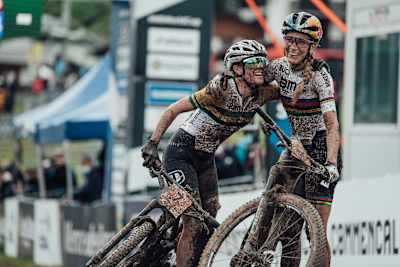 Rebecca Mcconnell and Pauline Ferrand Prevot seen at UCI XCO World Cup in Les Gets, France on July 4th, 2021