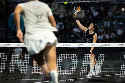 Martina Calvo in action during the 2026 London Premier Padel P1 final match held at the Olympia in London in August 2026. 