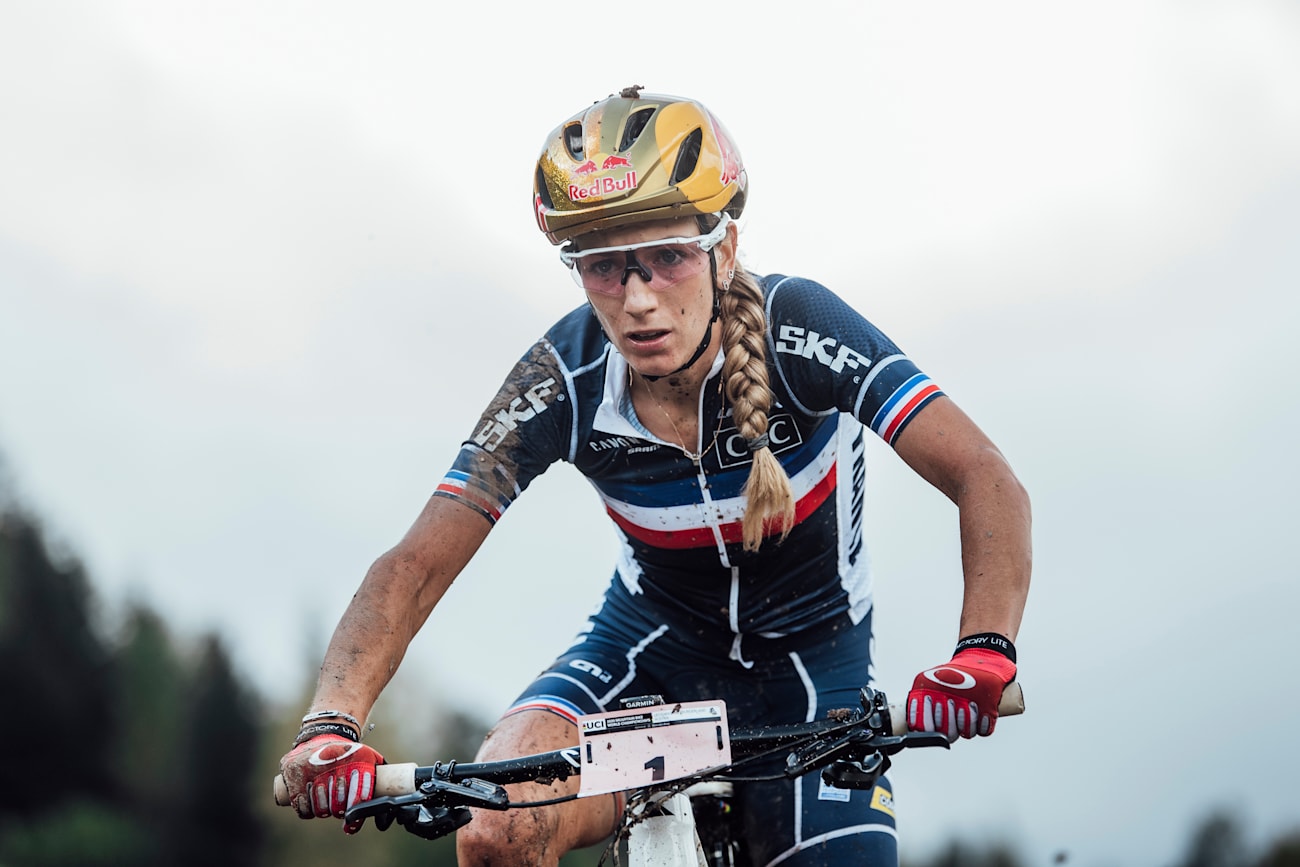 Pauline Ferrand-Prevot performs at UCI XCO World Championships in Leogang, Austria on October 10, 2020.
