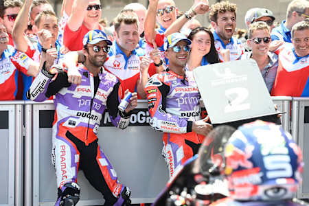 Johann Zarco and Jorge Martín celebrate a double podium for Pramac at the 2022 MotoGP™ of Catalunya.