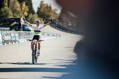 Pauline Ferrand-Prévot racing at Nove Mesto na Morave in 2020.