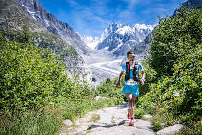 An image of ultrarunner Mira Rai competing in the 80km Mont Blanc Marathon in Chamonix, France.