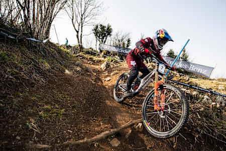 Laurie Greenland performs at UCI DH World Cup in Lourdes, France on March 26, 2022