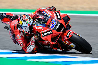 Ducati's Jack Miller performs in the MotoGP of Spain at Jerez on May 1, 2021.