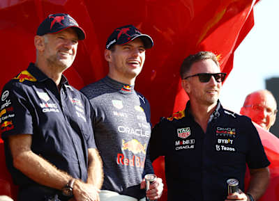 Winner Max Verstappen of the Netherlands and Oracle Red Bull Racing celebrates with Adrian Newey (Chief Technical Officer, L) and Christian Horner (Team Principal, R), at the F1 Grand Prix of France.
