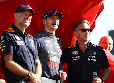 Winner Max Verstappen of the Netherlands and Oracle Red Bull Racing celebrates with Adrian Newey (Chief Technical Officer, L) and Christian Horner (Team Principal, R), at the F1 Grand Prix of France.
