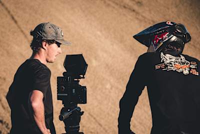 Filmmaker Rupert Walker talks to Carson Storch during the filming of his MTB film, Land(e)scapes.