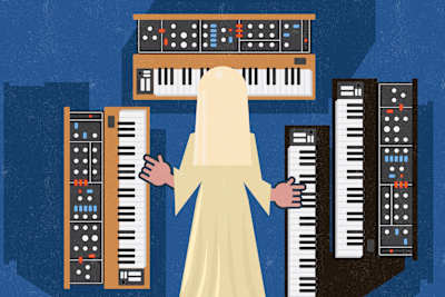 An illustration of a progressive rock artist in a cape surrounded by large synthesisers.