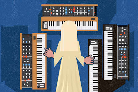 An illustration of a progressive rock artist in a cape surrounded by large synthesisers.