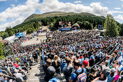 Crowds at the finish at the UCI DH World Cup in Fort William, Scotland.