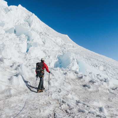 Adventurer Colin O'Brady scales the snow on Mt Rainier, Washington state during his record-breaking summiting of the highest point in all 50 states of the USA in 21 days.
