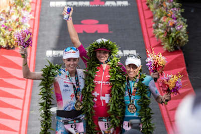 Lucy Charles on the podium at IRONMAN World Championship 2018.