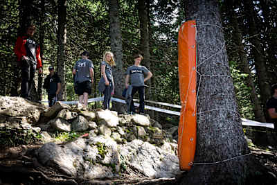 The Swedish DH MTB team during the DH track walk at the 2018 MTB World Championships in Lenzerheide.
