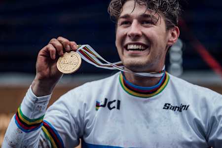 Reece Wilson celebrates at UCI DH World Championships in Leogang, Austria on October 11, 2020