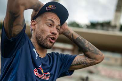 Neymar reacts to the skills of Sean Garnier during the Ultimate Soccer Challenge in São Paulo, Brazil in February 2026