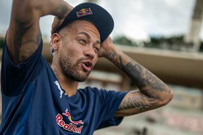 Neymar reacts to the skills of Sean Garnier during the Ultimate Soccer Challenge in São Paulo, Brazil in February 2026