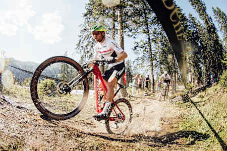 Mathias Flückiger races at the 2021 UCI MTB World Cup stop in Lenzerheide.
