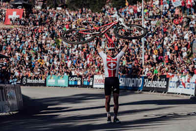 Nino Schurter performs at the UCI XCO World Championships in Lenzerheide on September 8th, 2018.