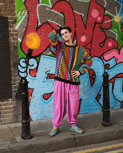 Jacob Collier in a jumper gifted by a fan after a show in Sydney, Australia