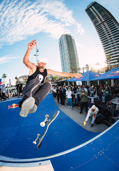 Pro skater Chris Haslam pulls off a trick during Red Bull Plus One at Port Olimpic, Barcelona. 