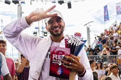 Voldo poses with the Winner trophy at Red Bull Dance Your Style Swiss Final in Lausanne, Switzerland on August 21, 2022.  