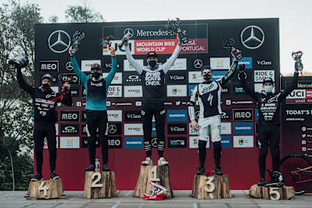Greg Minnaar, Matt Walker, Loïc Bruni, Aaron Gwin and Dakotah Norton stand on the podium at UCI DH World Cup in Lousa, Portugal on October 30th, 2020