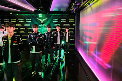A photo of T1 during LCK Week 9 at the LoL Park in Seoul, South Korea.