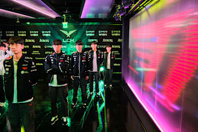 A photo of T1 during LCK Week 9 at the LoL Park in Seoul, South Korea.