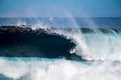 Kanoa Igarashi surfs at Haleiwa, Hawaii on January 27, 2022. 
