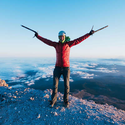 Adventurer Colin O'Brady stood at the top of Mt Hood, Oregon, USA, during his record-breaking summiting of the highest point in all 50 states of the USA in 21 days.