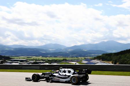 Pierre Gasly drives the Scuderia AlphaTauri AT02 Honda single-seater during practice for the 2021 Styrian Grand Prix, at the Spielberg Red Bull Ring circuit, in Austria.
