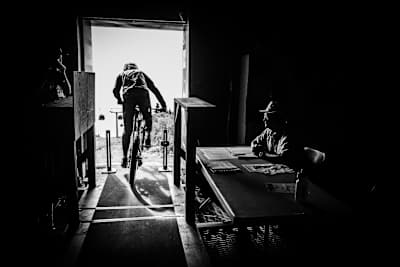 Mountain biker Finn Iles leaves the start hut.