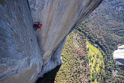 Alex Honnold climbs through the enduro corner on El Capitan's Freerider during the filming of Free Solo.