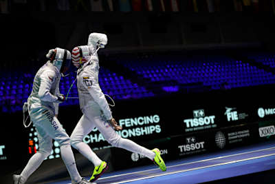 Action from the Men's Foil Team event at the World Fencing Championship