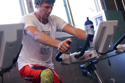 Ian Walsh riding the exercise bike