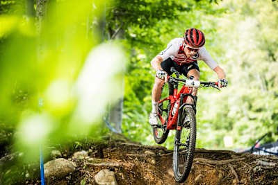 Mathias Flückiger durante el Campeonato del Mundo de XCO UCI en Mont-Sainte-Anne, Canadá, el 31 de agosto de 2019.