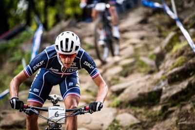 Jordan Sarrou durante el Campeonato del Mundo de XCO UCI en Mont-Sainte-Anne, Canadá, el 31 de agosto de 2019.
