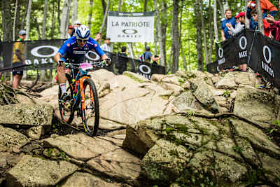 Competitor competes at UCI MTB XCO Elite Men during the World Championships in Mont Saint Anne, Canada on August 31, 2019.