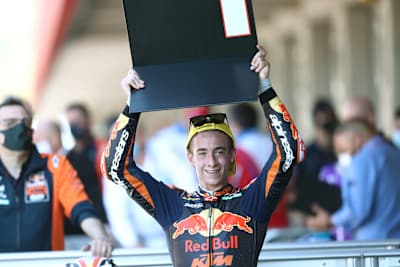 Moto3 racer Pedro Acosta celebrates victory in Portugal