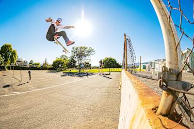 Ryan Sheckler frontside flips a step up in Los Angeles, California.