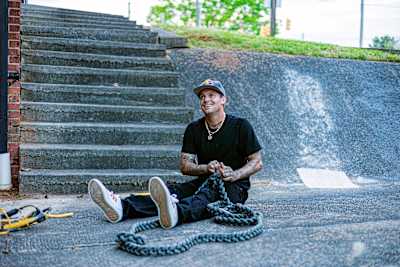 Ryan Sheckler holds a bungee in North Carolina, USA on April 21, 2021.