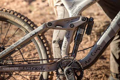 Close-up of Brandon Semenuk's custom-painted bike at Red Bull Rampage 2022 in Virgin, Utah.