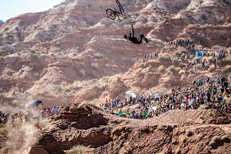 Andreu Lacondeguy bails off his bike mid-air after a jump goes wrong at Rampage.