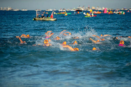 Swimmers take part in the Port to pub race in Australia.