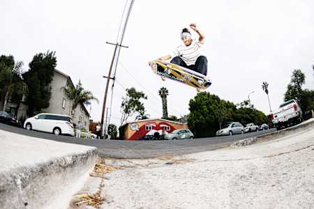 Mariah Duran blasts an ollie over a street gap during filming of Skate And Create 2020