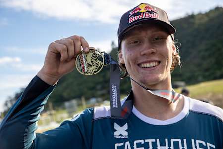 Emil Johansson poses for a portrait after winning the Maxxis Slopestyle at Crankworx in Rotorua, New Zealand on November 07, 2021