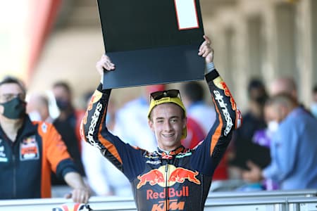 Moto3 racer Pedro Acosta celebrates victory in Portugal