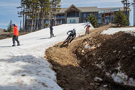 Snowboarders Luke Winkelmann and Sean Fitzsimmons, and mountain bikers Jaxson Riddle and Carson Storch set off to ride in Snowshoe, US.