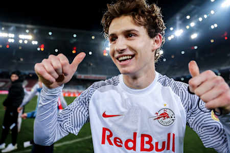 Brenden Aaronson of FC Red Bull Salzburg rejoices after the UEFA Champions League group G match against Sevilla FC at Red Bull Arena on December 08 2021.