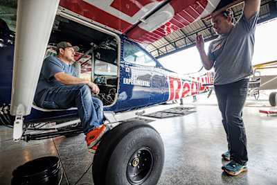 Luke Aikins and Paulo Iscold discuss their training for Plane Swap in San Louis Obispo, California, USA on 5 April, 2022.